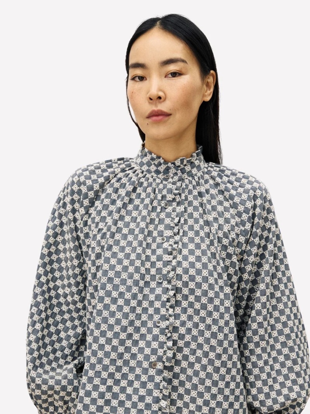 FRNCH Blue and White Printed Button-Down Mock Neck Blouse - Picture 3 of 3